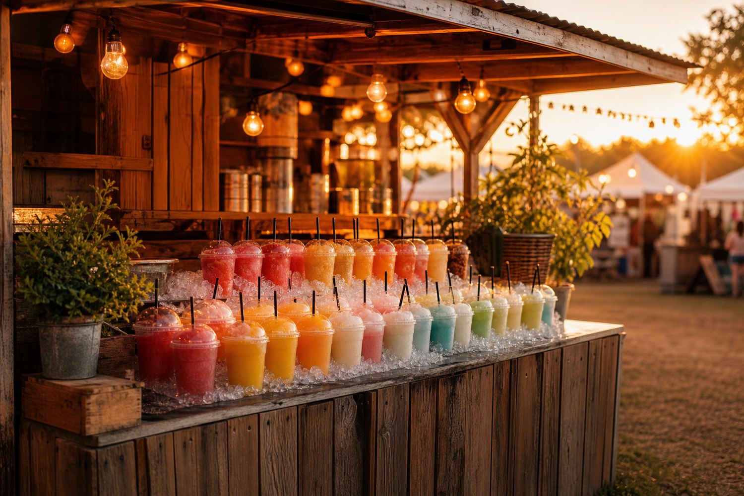 A festival slush drink stand with mixed flavors on ice
